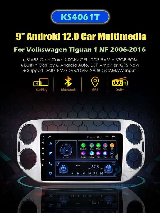 Android 12 Autoradio Carplay GPS SatNav BT WIFI DAB DSP For VW Tiguan 2006-2016