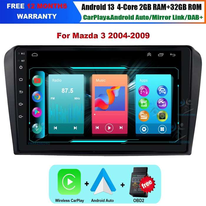 OBD+9" Android13 CarPlay Head Unit Radio Stereo GPS Sat Nav For Mazda3 2004-2009