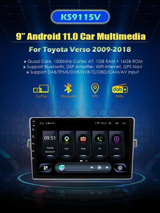 9"Android 11 CarPlay Stereo Radio DAB+GPS SatNav USB For Toyota Verso 2009-2018