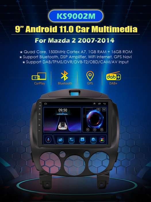 For Mazda 2 2007-2013 9" Android 11 Car Radio Stereo GPS SAT Nav WiFi BT USB+OBD