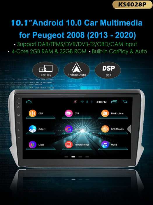 10.1" Android 10 Touch Screen Head Unit GPS Car Radio For Peugeot 2008 2013-2020