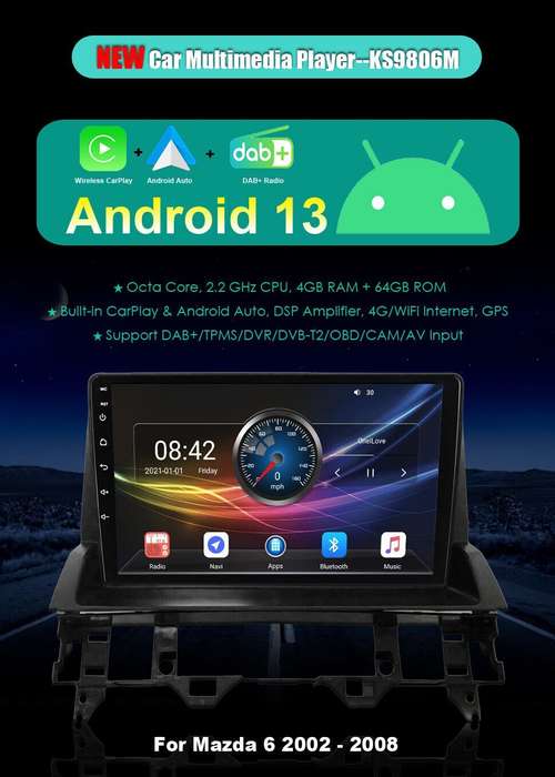 9" 4+64GB BT Android Auto CarPlay For Mazda 6 GG GY 2002-2008 GPS DAB+ Autoradio
