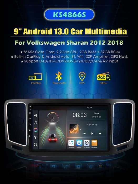 For VW Sharan 2012-2018 CarPlay+Android Auto 8-Core DAB Radio GPS Head Unit 64GB
