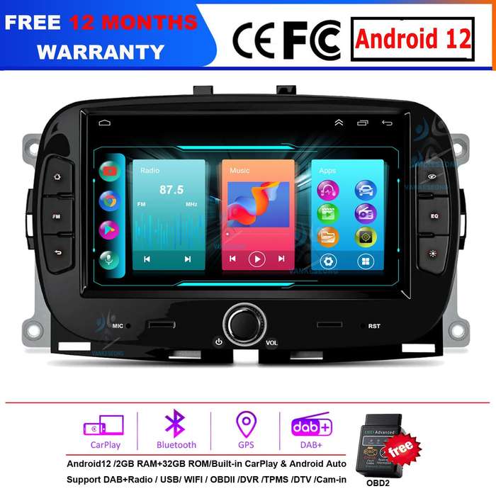 7" 32GB Android 12 Head Unit BT CarPlay Sat Nav GPS Radio For Fiat 500 2016-2019