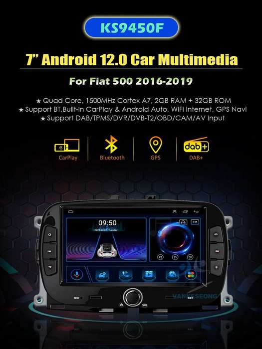 7" 32GB Android 12 Head Unit BT CarPlay Sat Nav GPS Radio For Fiat 500 2016-2019