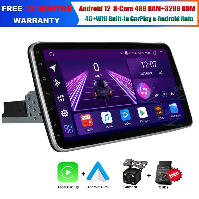 10.1" Single Din Android 12 Detachable DAB Car Radio Head Unit GPS CarPlay 4+32G