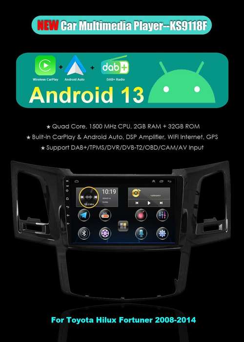 For Toyota Hilux Fortuner 2008-2014 Android 13 CarPlay Head Unit Radio GPS Navi