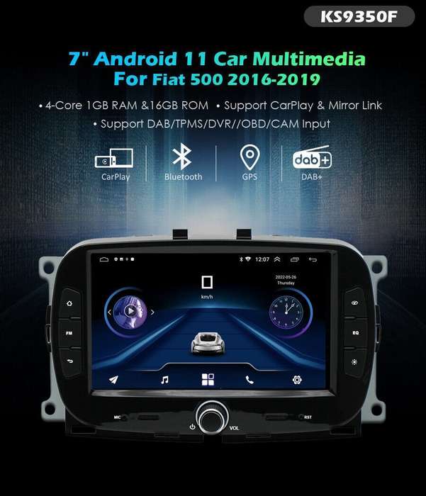 For Fiat 500 2016-2019 Android Head Unit Bluetooth DAB Car Radio Navigation +DVR