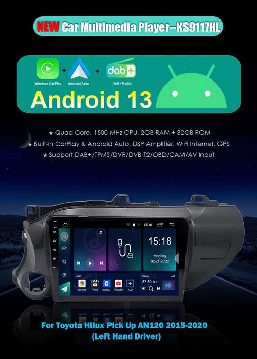 Android13 Autoradio GPS Navigation BT CarPlay For Toyota Hilux Pick Up 2015-2020
