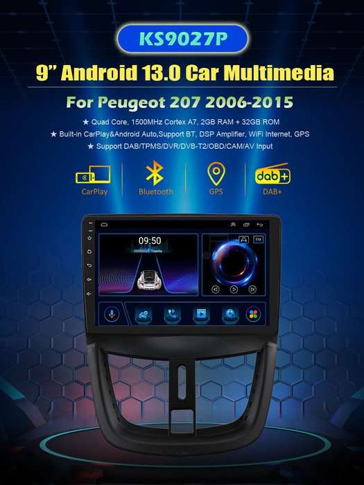 For Peugeot 207 CC 2006-2015 CarPlay Android Autoradio GPS DAB+ SatNav Bluetooth