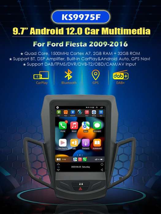 9.7" Android 12 DAB+ Autoradio mit Carplay GPS Sat Nav For Ford Fiesta 2009-2016