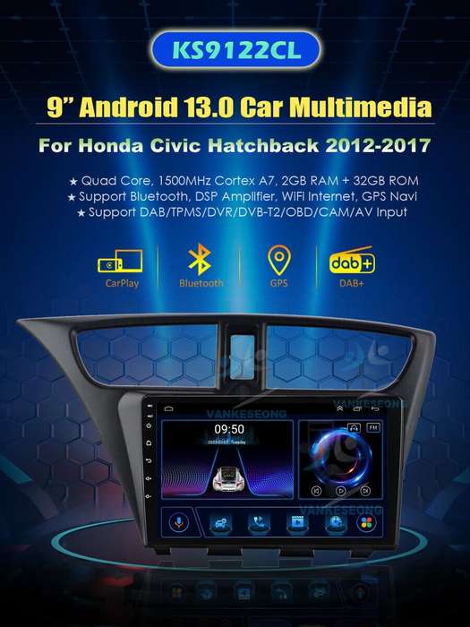 For Honda Civic Hatchback 2012-2017 CarPlay Android 13 Autoradio Navi GPS BT DAB