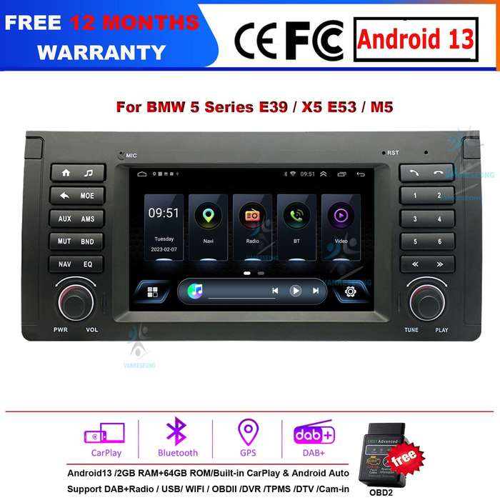 For BMW 5er E39 520i 523i Android13 CarPlay Autoradio 64GB Navigation GPS BT DAB