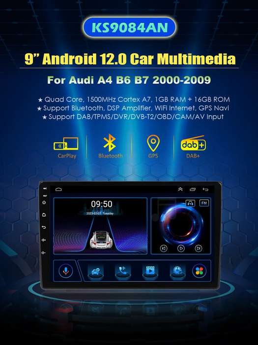 For AUDI A4 S4 RS4 B6 B7 Bluetooth Android Sat Nav GPS Autoradio DAB Wifi DSP 9"