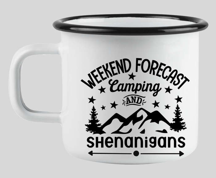 Weekend forecast camping shenanigans enamel mug
