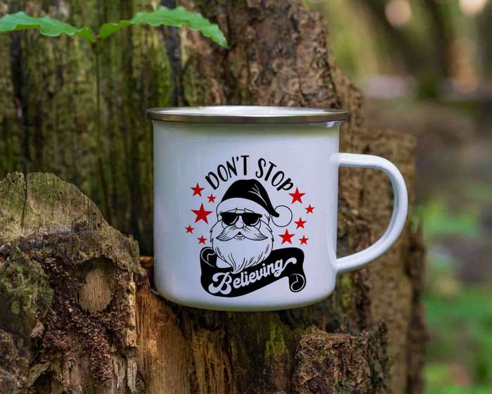 Christmas Dont stop believing enamel mug