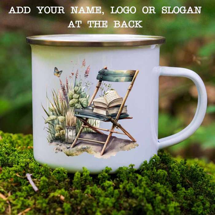 Enamel mug chair and book