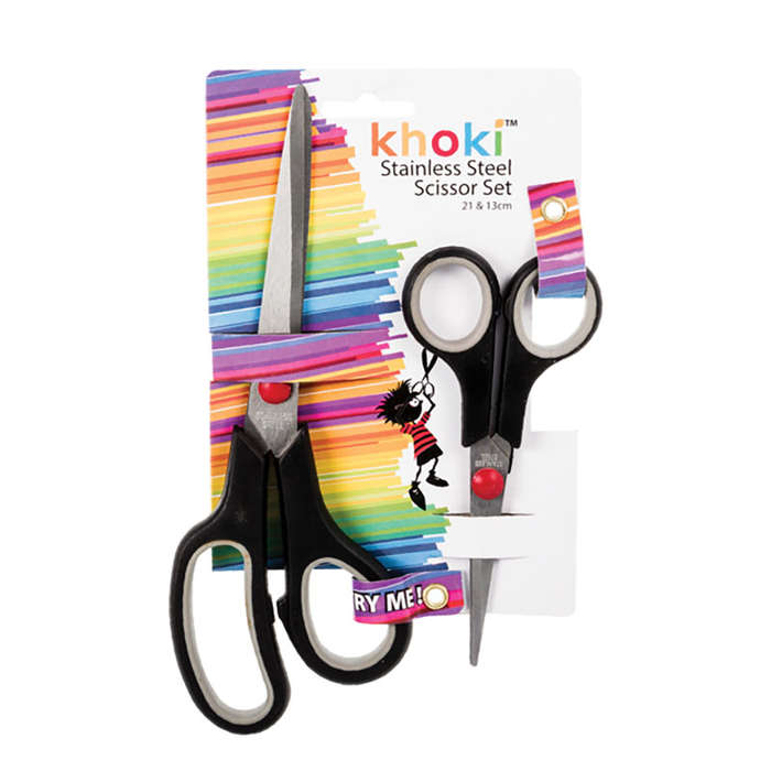 School Scissor Set - Stainless Steel - Black - 21cm + 13cm - Pack of 2