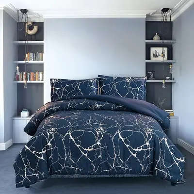 High Quality Metallic Marble Queen Size Comforter Gold Print Glitter - Blue