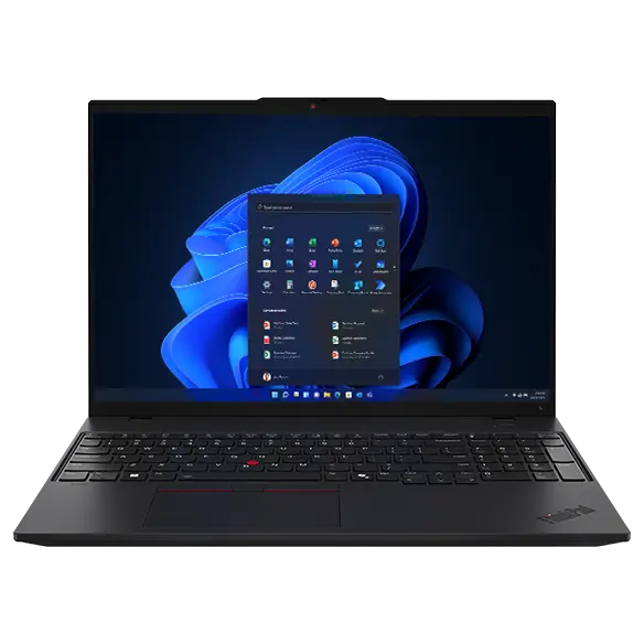 Front-faced Lenovo ThinkPad L16 laptop with home screen on display.