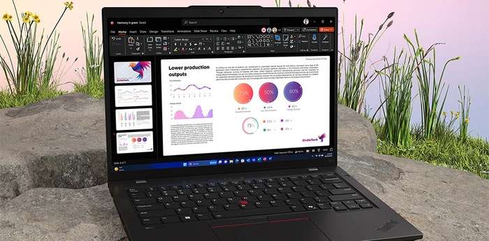 Editing document on the Lenovo ThinkPad L14 Gen 5 laptop, stationed outdoors.