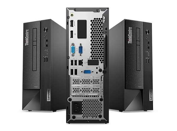 Photo illustration of three ThinkCentre Neo 50s Gen 4 SFF PCs sitting side, one of them showing the back of the system to highlight the many ports and slots and areas for expansion.