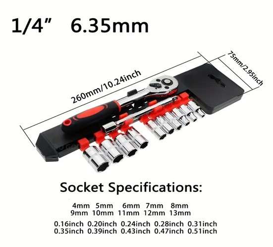 12 Piece Ratchet Socket Set 1/4