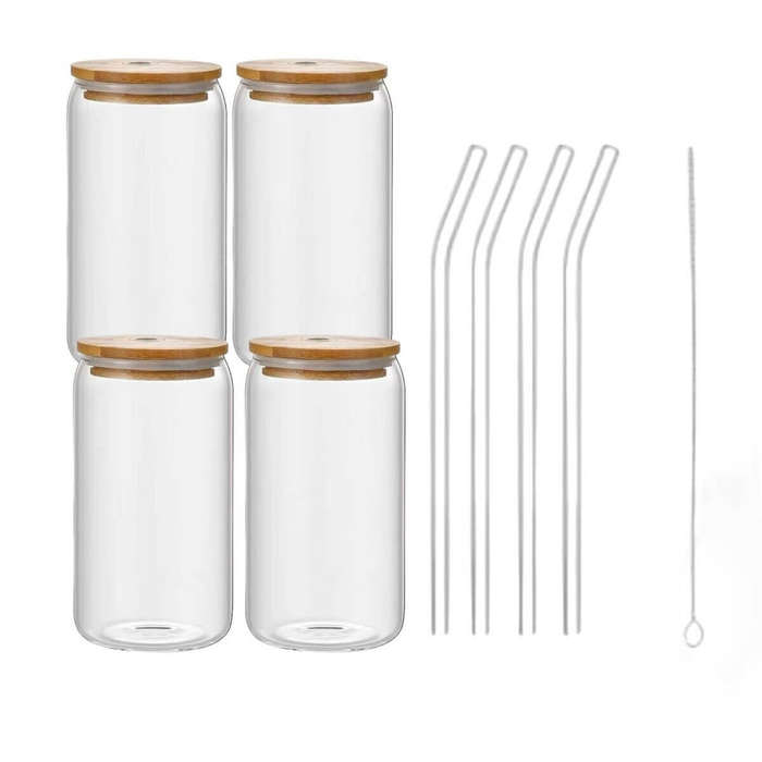 4 Pieces Can Shaped Drinking Glass with Bamboo Lids and Glass Straw Set