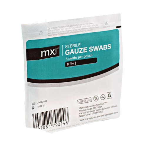 MX GAUZE SWABS 75MM 8PLY STERILE 5