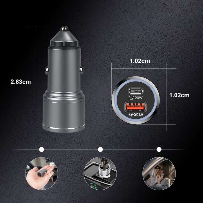 38W Dual Car Charger USB & Type-C Port  Silver