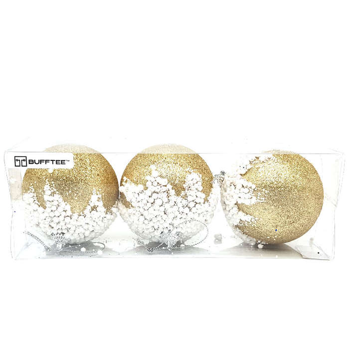 Christmas Baubles -Gold Snow Christmas Balls - 3 Pack