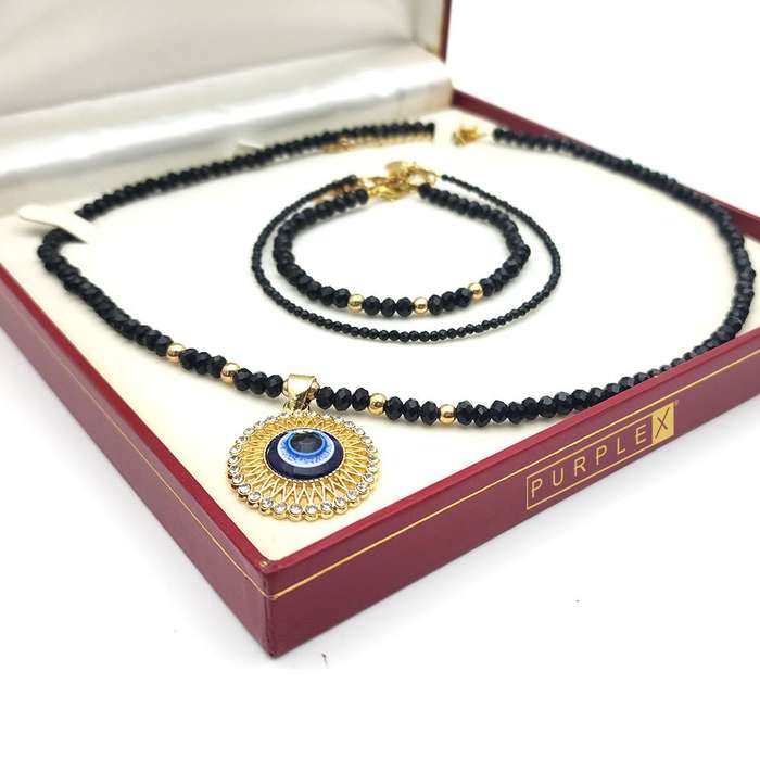 Evara Malocchio Black Tourmaline Necklace Bracelet &amp; Anklet Evileye Set