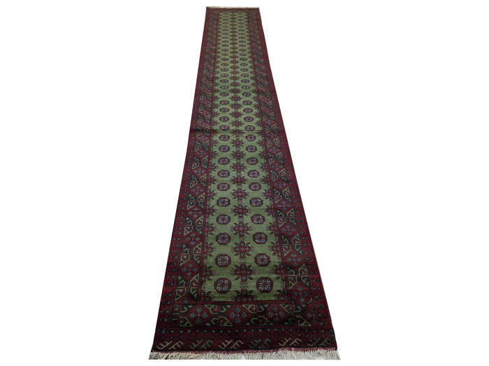 Fine green Afghan Kunduz Bukhara Carpet 579 x 78cm