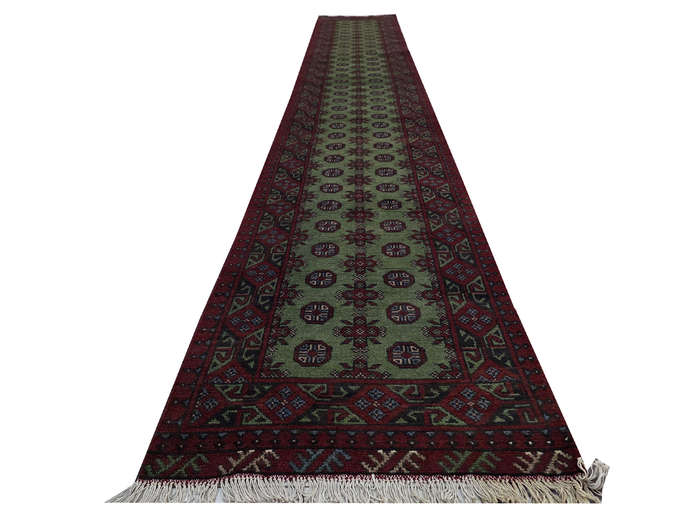 Fine green Afghan Kunduz Bukhara Carpet 579 x 78cm