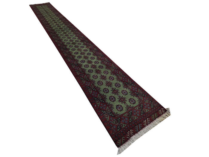 Fine green Afghan Kunduz Bukhara Carpet 579 x 78cm