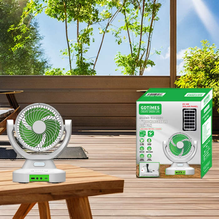 GDTIMES 7 Inches Solar Table Fan Air Cooler With Solar Panel AC DC Rechargeable Breeze Quiet Fan wit