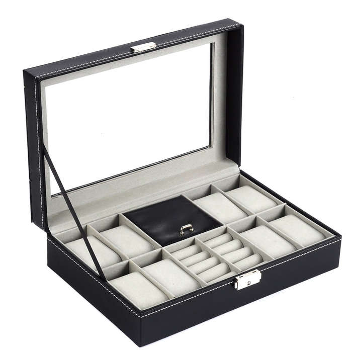 Multifunctional PU Leather Watch Jewelry Box with Transparent Window for Rings Earrings Watches