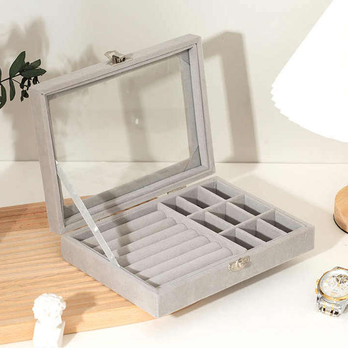 Velvet Transparent Glass Dustproof Rings Earrings Necklaces Jewelry Storage Jewelry Display Box