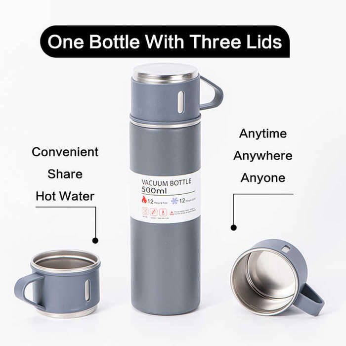 Travel Coffee Tea Thermos Vacuum Flask 500ml Stainless Steel Water Bottle Gift Set with 3 Lids