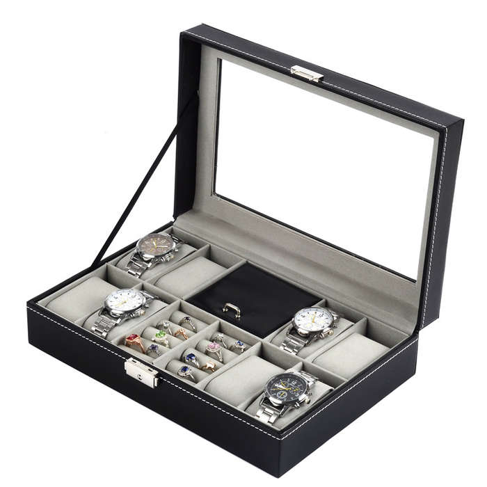 Multifunctional PU Leather Watch Jewelry Box with Transparent Window for Rings Earrings Watches