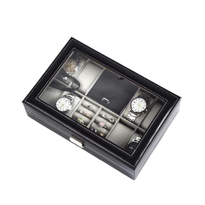Multifunctional PU Leather Watch Jewelry Box with Transparent Window for Rings Earrings Watches