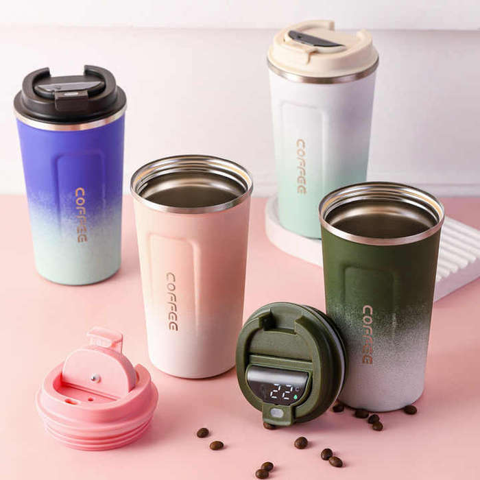 Portable Double Walled Stainless Steel Vacuum Frosted Coffee Tumbler Cup Intelligent Temperature Dis