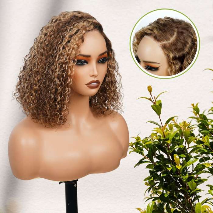 14" Full Frontal Highlight Brazilian Curly Wig (Deep Wave Closure Wig)