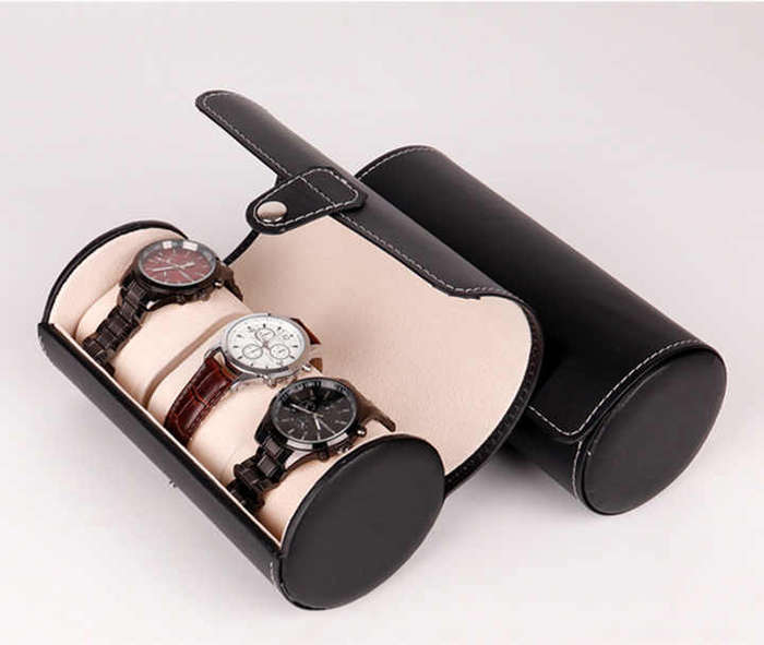 Cylinder Travel Portable Watch Tie Storage Box Three-position Watch Box Leather Jewelry Display Gift