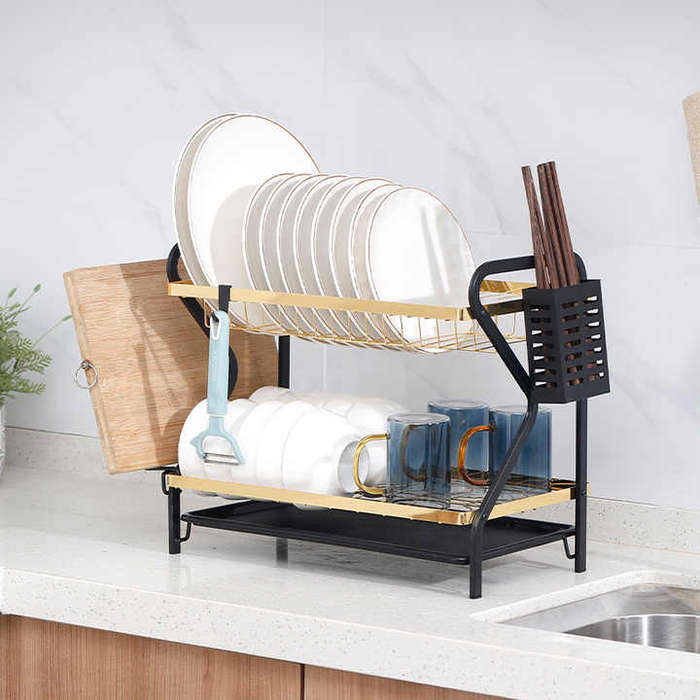 Dish Drainer Organizer Includes Removable Cutlery and Cup Holder for Kitchen