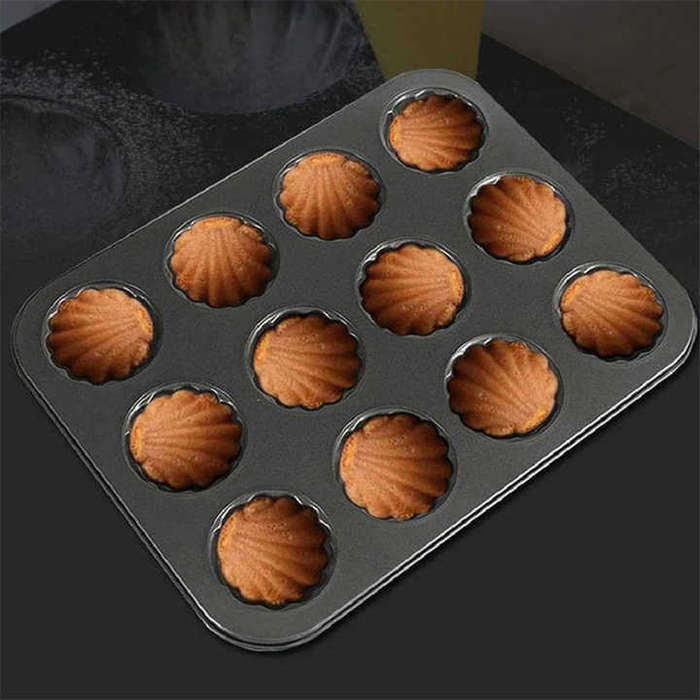 12 Cavity Non-Stick Carbon Steel Bakeare Shell Shaped Cake Baking Mold and Round Madeleine Pan Mold