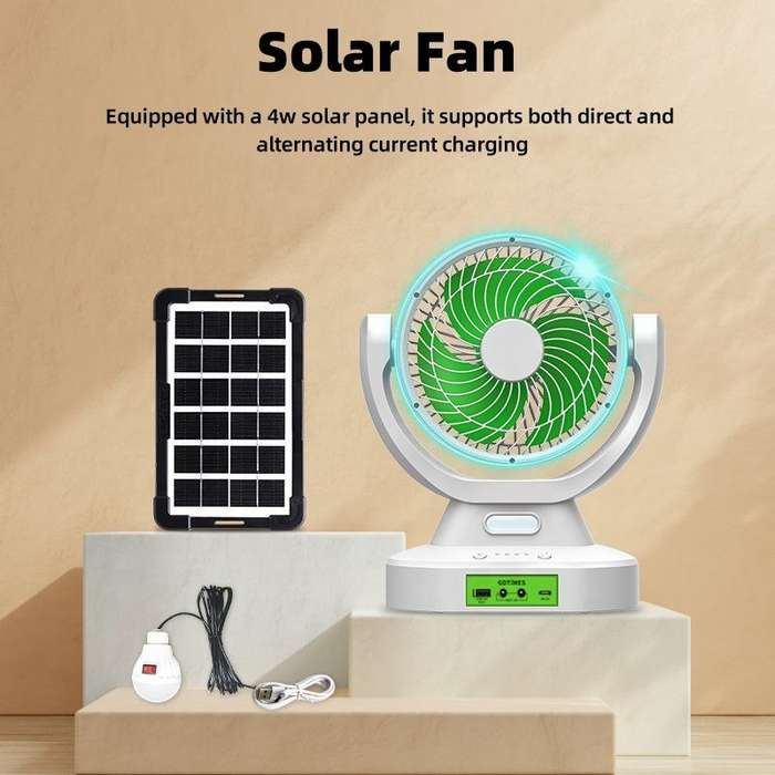 7 Inches Portable Chargeable Fan with Led Light AC DC Mini Usb Solar Fan with Solar Panel and 2 PCS