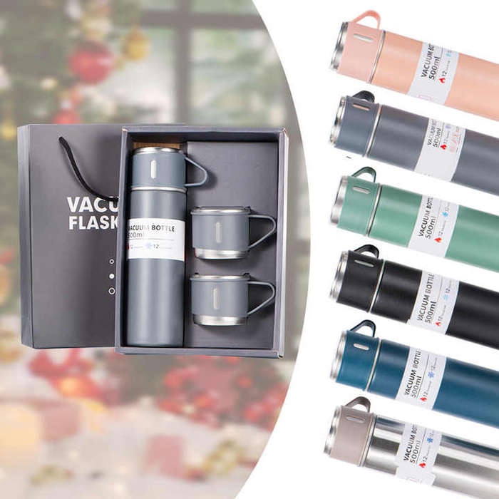 Travel Coffee Tea Thermos Vacuum Flask 500ml Stainless Steel Water Bottle Gift Set with 3 Lids