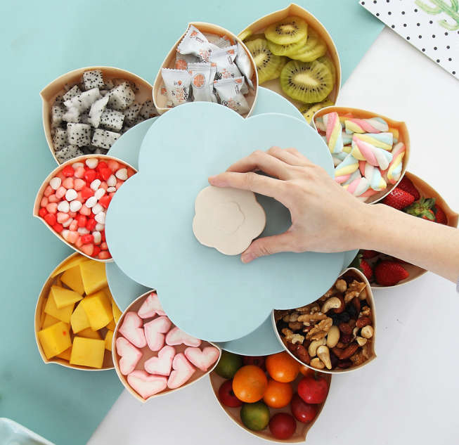 Flower Shape Nut Dried Fruit Plate Household Lattice Candy Box PP Material Rotatable Design Double L