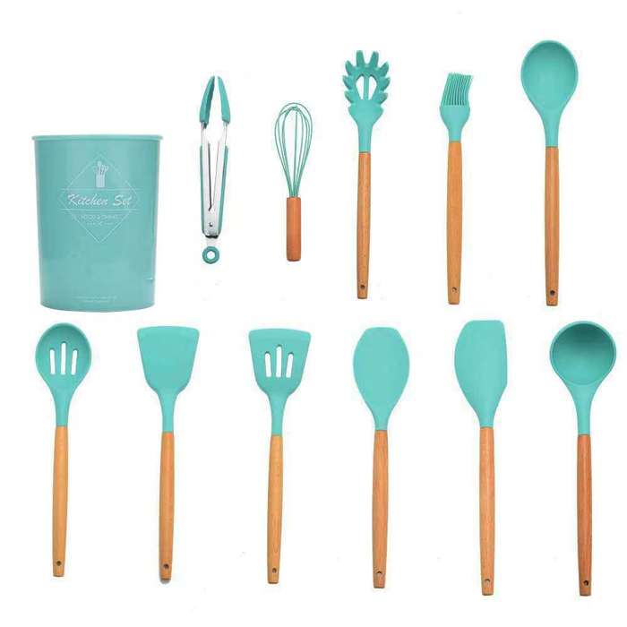 Safe Heat Resistant Silicone Kitchenware 12pcs Cooking Tool Set Kitchen Utensils with Wooden Handle